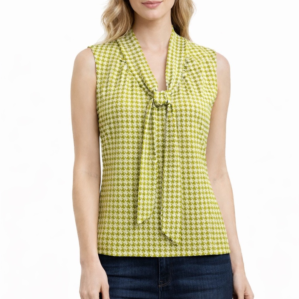 Banana Republic Sleeveless Tie Neck Blouse Green White‎ Geometric Print Size XS